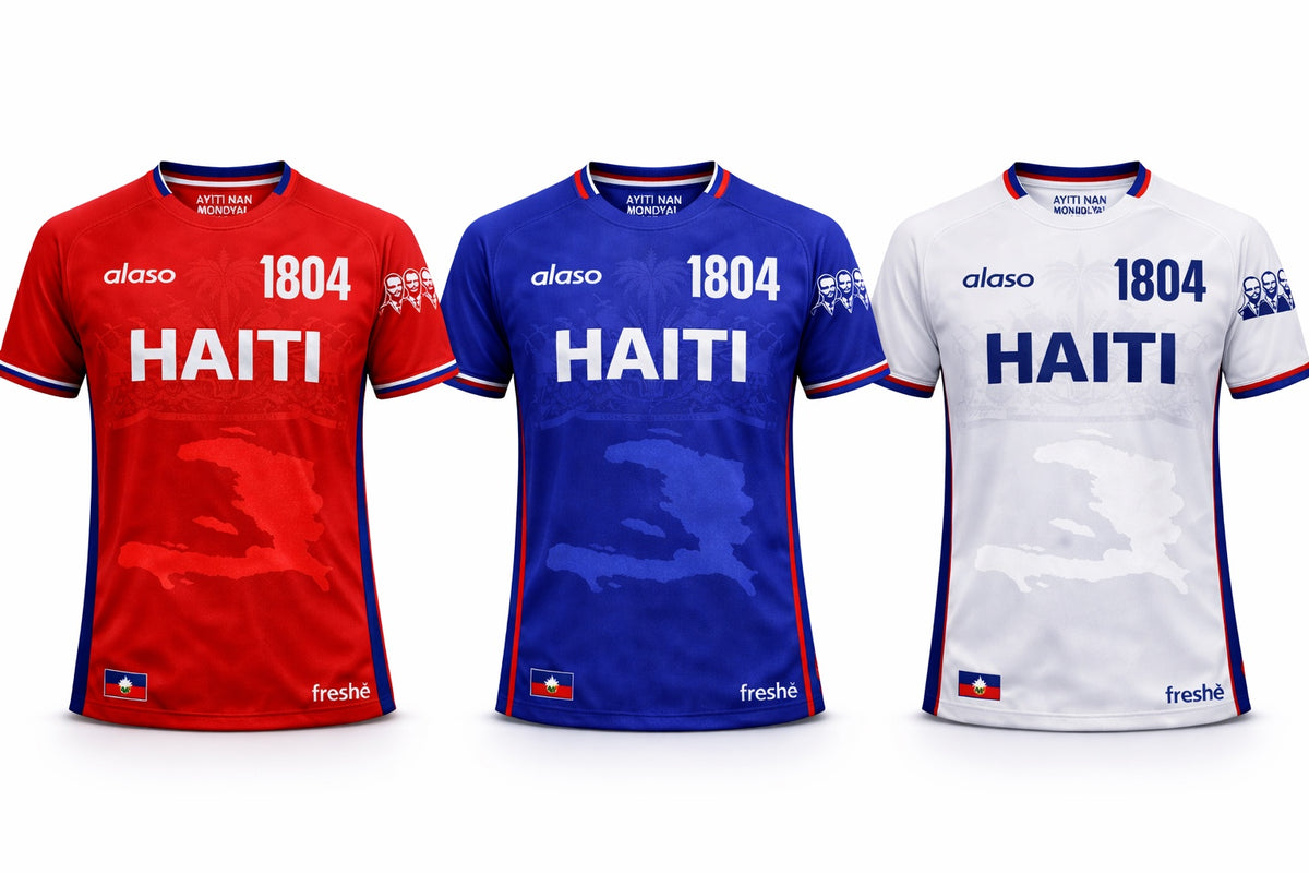 Freshē Haiti 1804 jersey collection in red blue and white